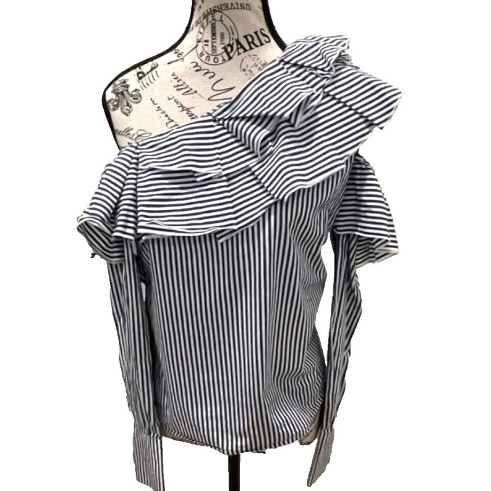 Leith One Shoulder‎ Womens Lng Slve Striped Blouse with Ruffles Navy/White XS